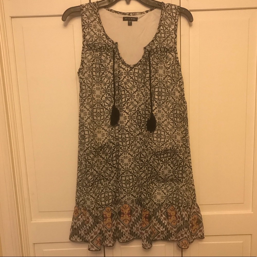 As U Wish Boho Geometric Print Sleeveless Tassel Tie Mini Dress